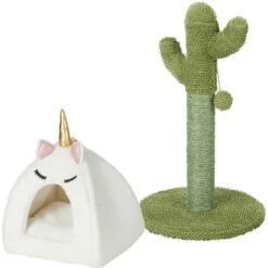 Frisco Novelty Unicorn Covered Cat & Dog Bed & Frisco Cactus Cat Scratching Post