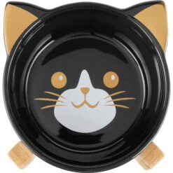 Frisco 35 Frisco Cat Face Elevated Bamboo Non-Skid Ceramic Cat Bowl, Black, 1 Cups